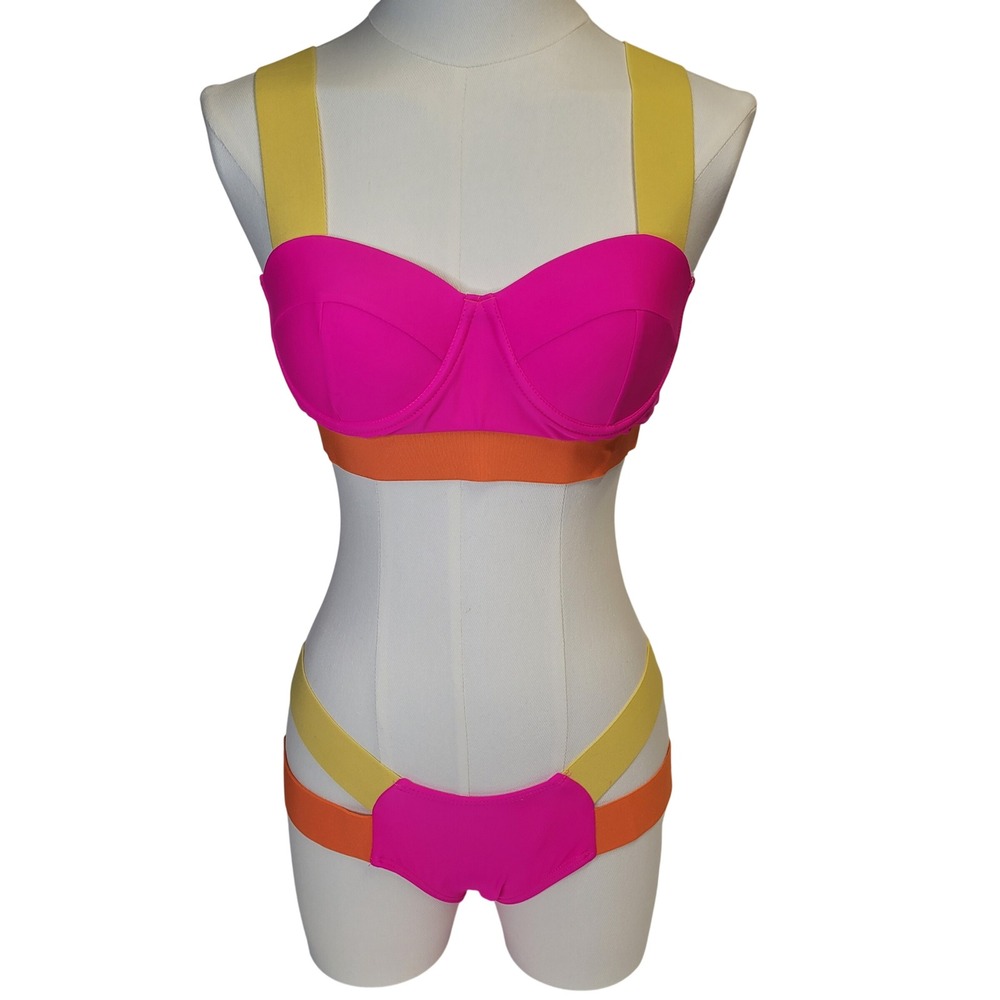 Colorblock Padded Bikini Pink Orange Yellow Multi Strap Cutout Swimsuit